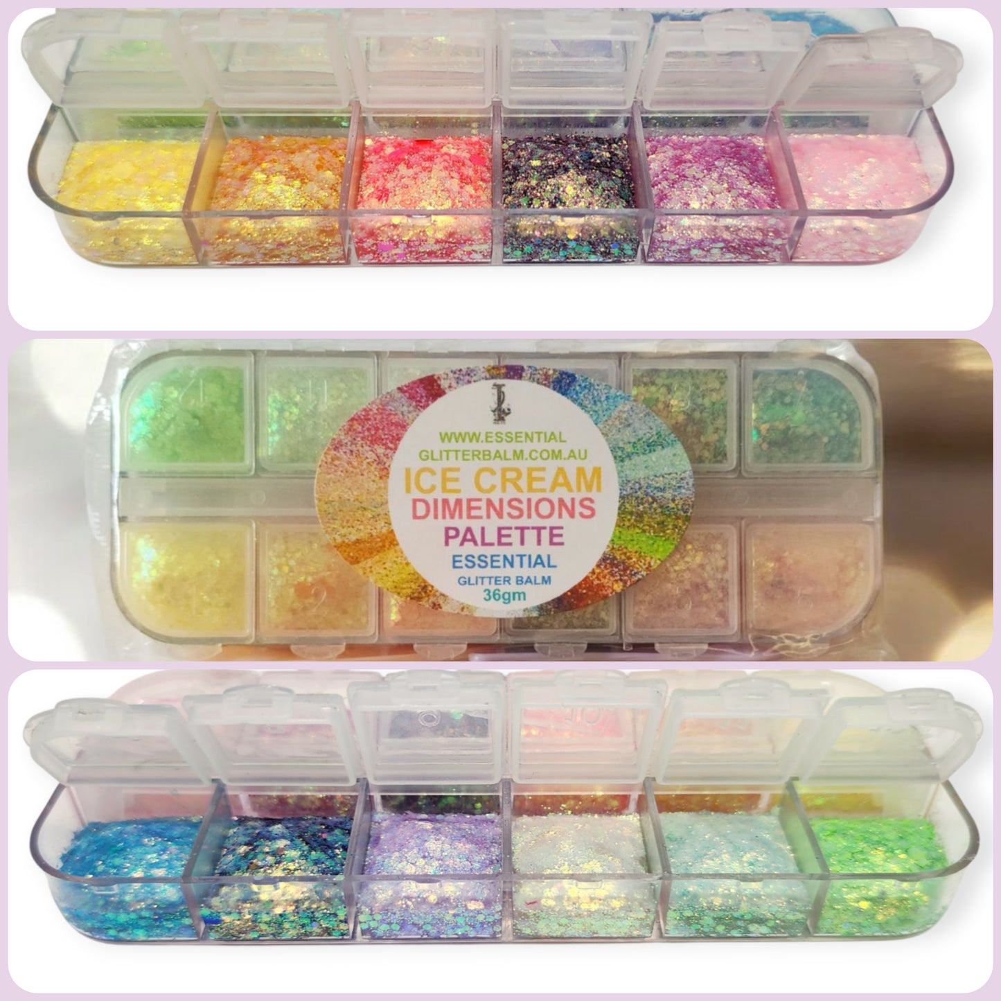 Essential Glitter Balm 12 colour palette - ICE CREAM DIMENSIONS 36g